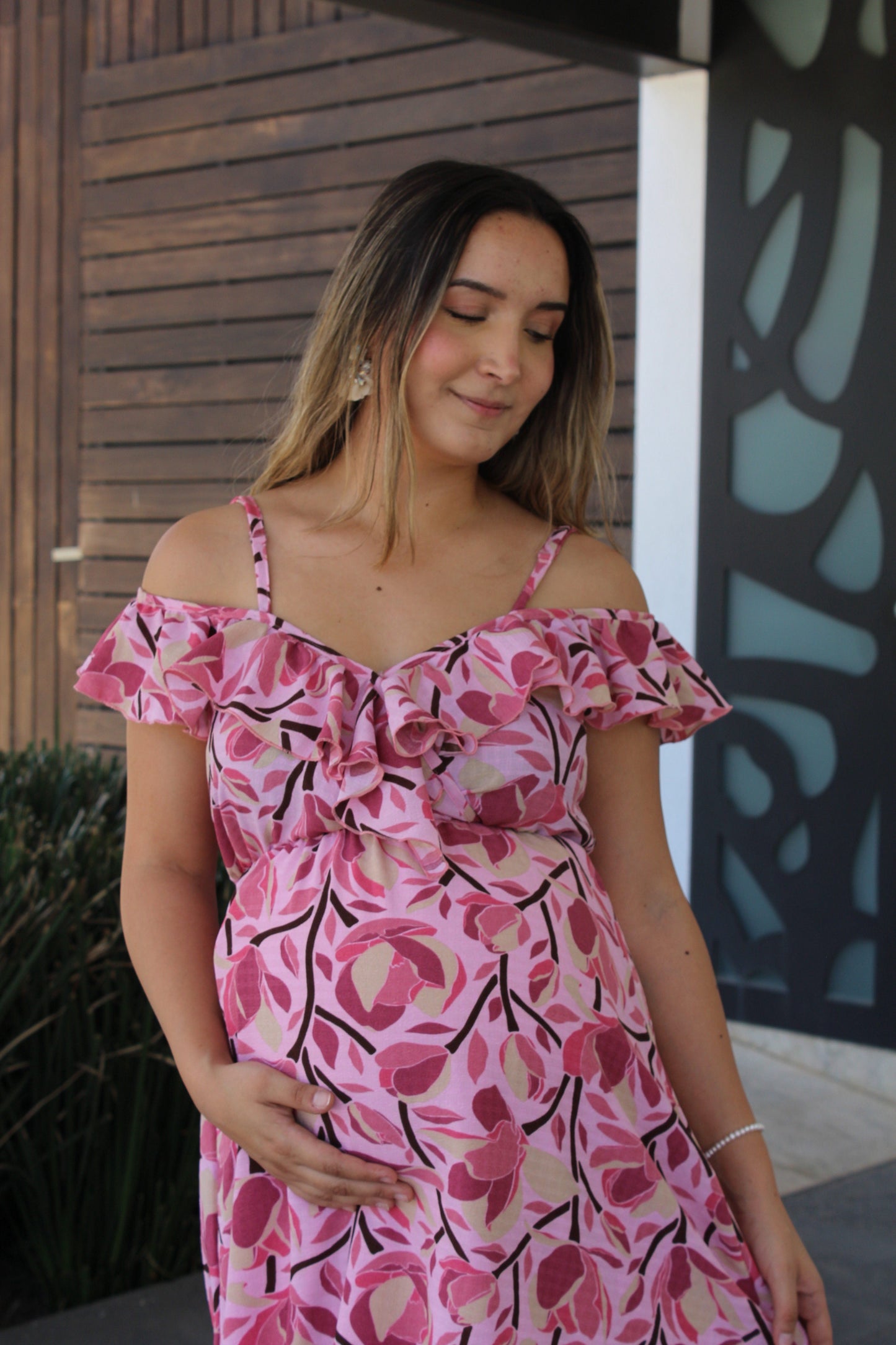 Vestido de maternidad y lactancia, Carlota rosa tallos