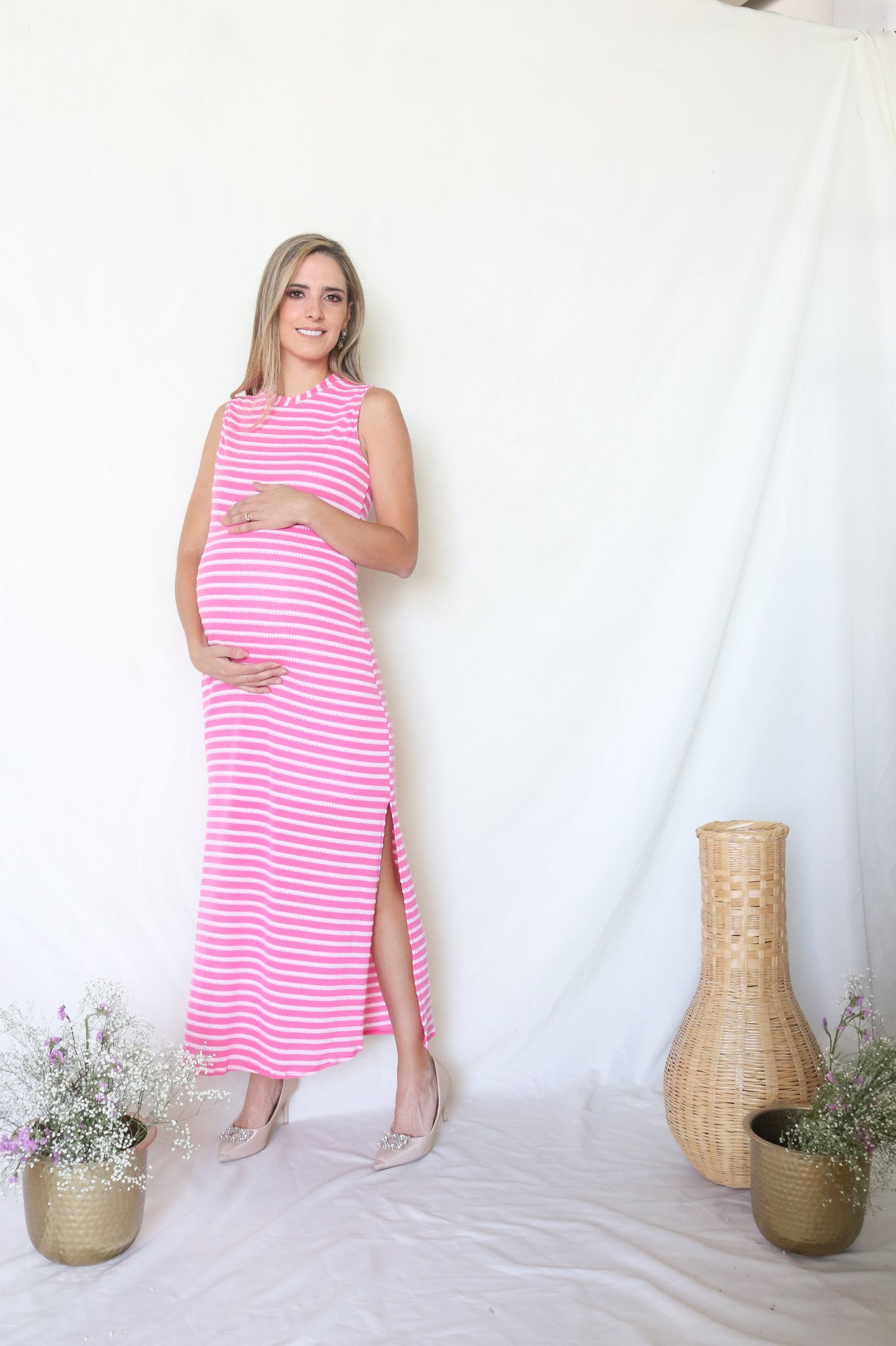 Vestido de maternidad Leslie, rosa barbie rayas