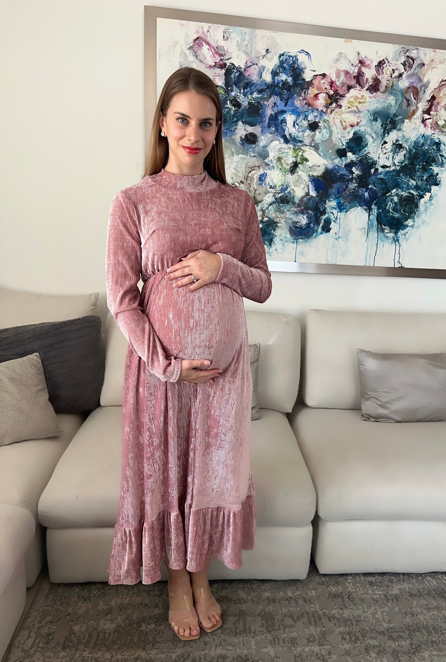 Vestido de maternidad, rosa terciopelo Gaby largo