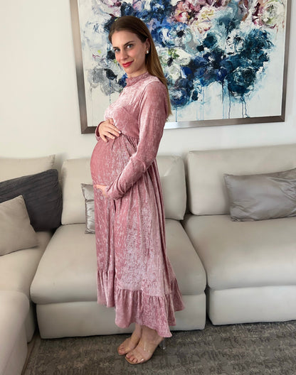 Vestido de maternidad, rosa terciopelo Gaby largo