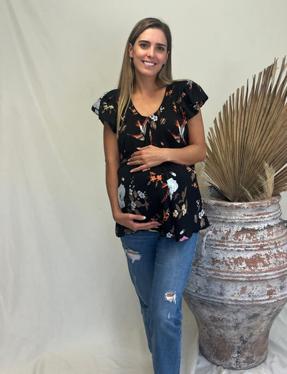 Blusa de lactancia/maternidad, Bertha negra pajaritos