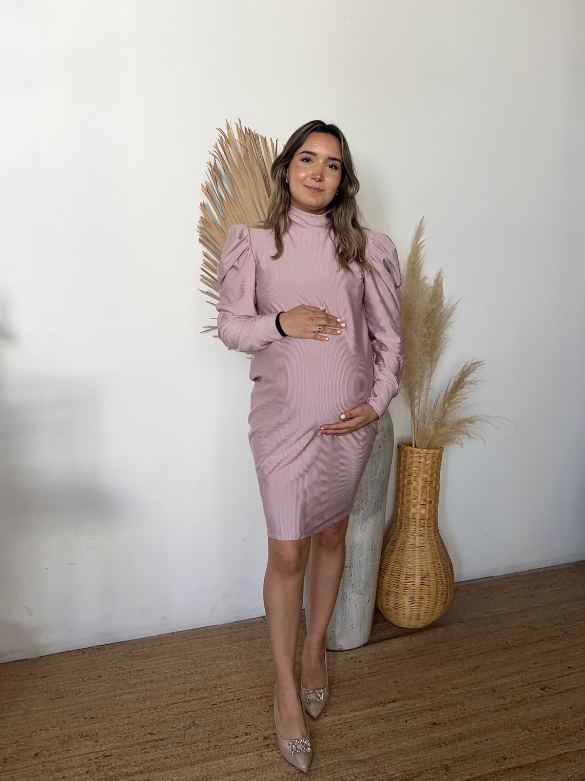 Vestido de maternidad, cuello de tortuga rosa rayitas claro