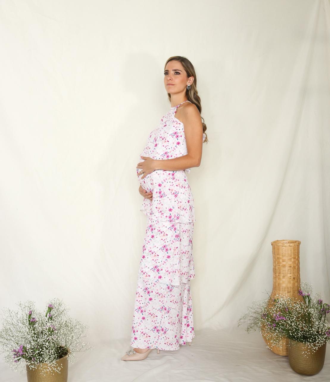 Vestido de maternidad, Tatiana blanco florecitas moradas CH