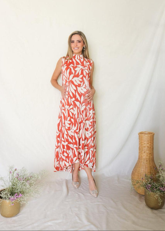 Vestido de maternidad Sonia, flores naranjas corrugado G