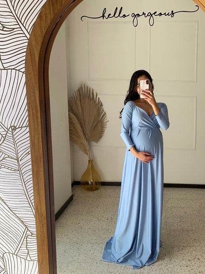 Vestido de maternidad sesión azul brilloso, Alberta