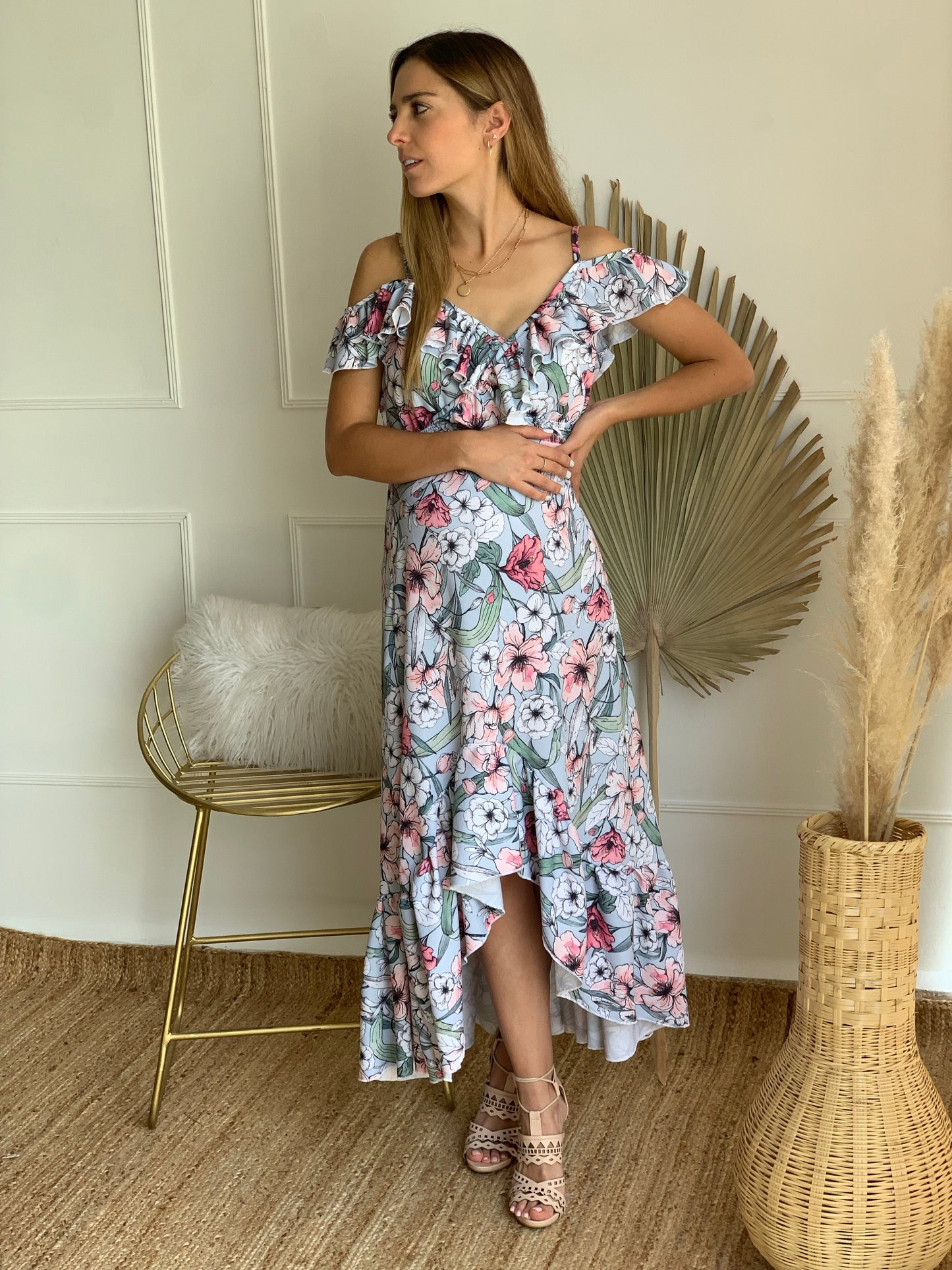 Vestido de maternidad y lactancia, Carlota azul con flores rosas